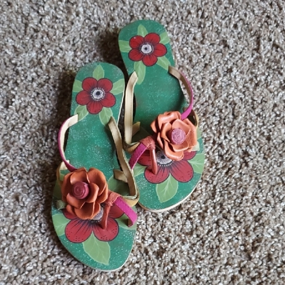 Floral Green Sandals with Orange and Pink Accents